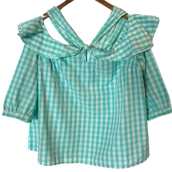 4/$20 Crown & Ivy gingham mint and white ruffle cold  shoulder top- size XL- NWT - Picture 2 of 11